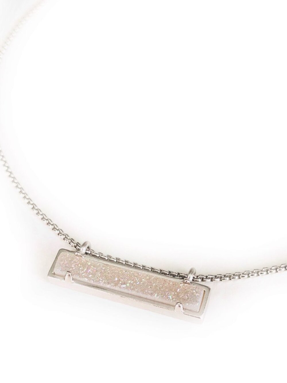 NEW! Kendra Scott SILVER Leanor Bar Iridescent Drusy Quartz Necklace & Dust Bag